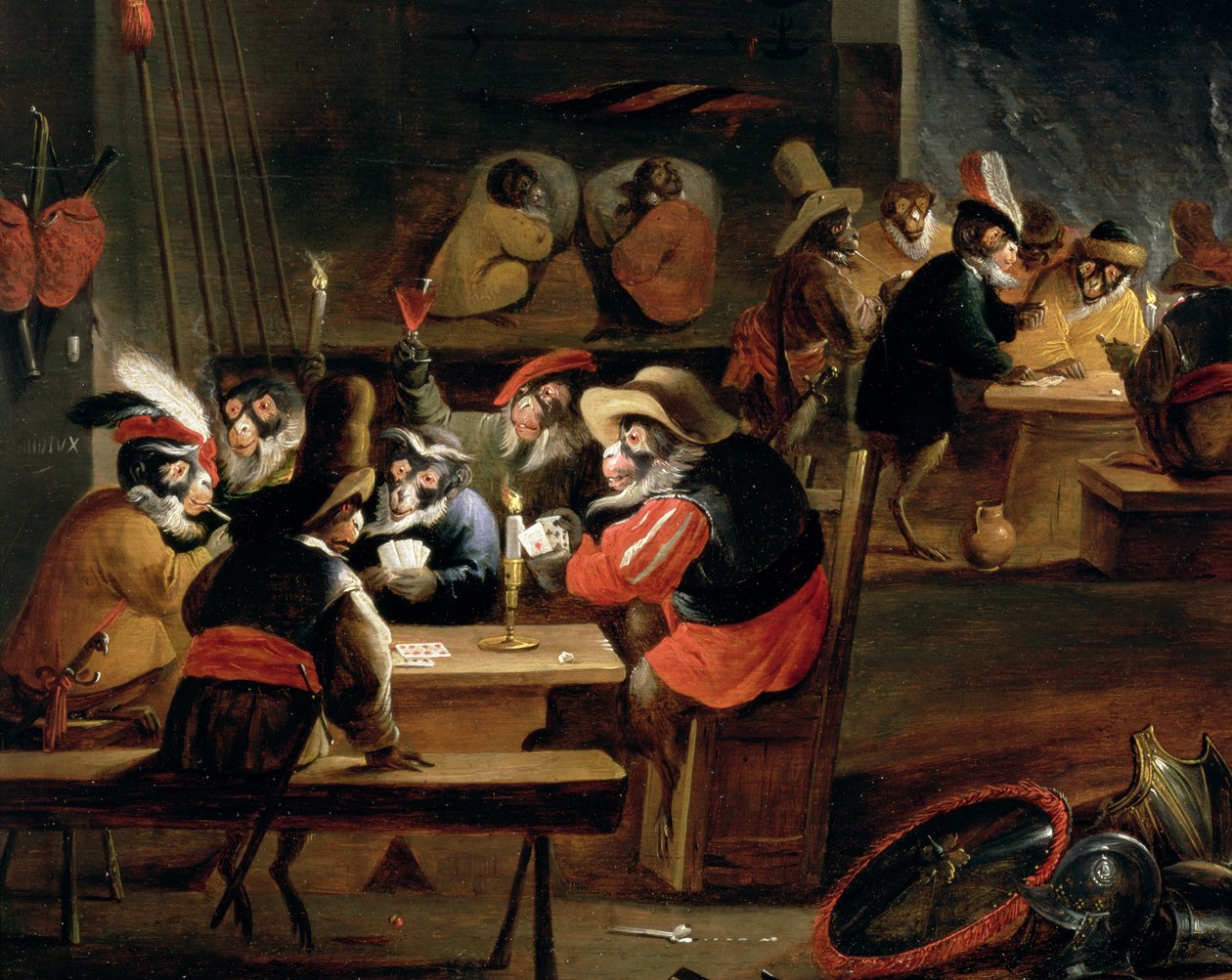 Monkeys in a Tavern, detalje af kortspillet (detalje af 64505) af Ferdinand van Kessel