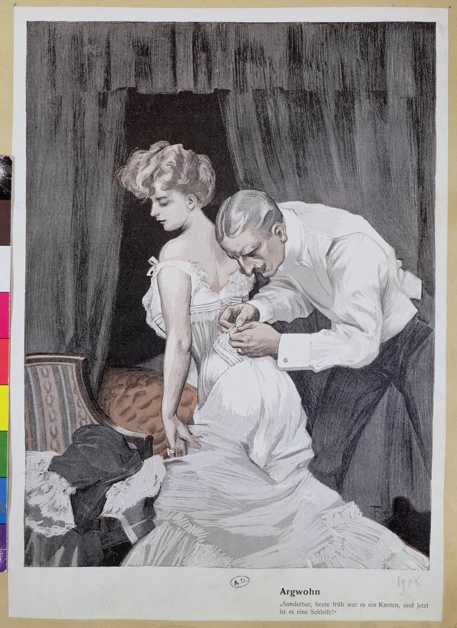 Mistænksom ægtemand observerer ændringen i sin kones korsetbinding, 1909 (farvestik) af Ferdinand von Reznicek