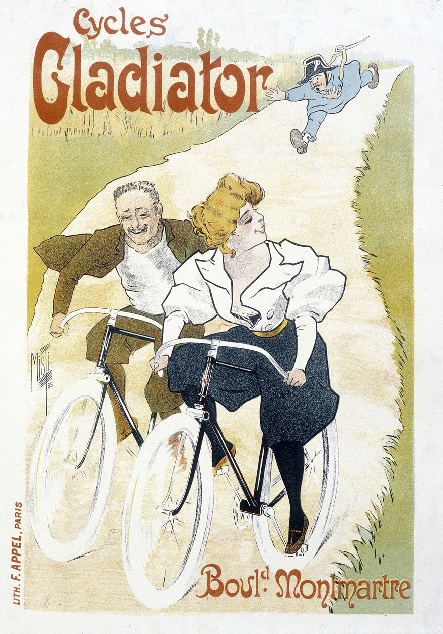 Cykelpar jaget af en konstabel - Annoncering for Gladiator-cykler, af Misti, v.1895 af Ferdinand  Misti Mifliez