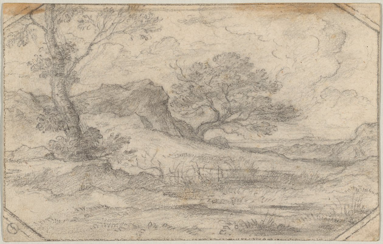 Ideelt landskab med to træer og et klippemassiv af Ferdinand (Johann Heinrich Ferdinand) von Olivier