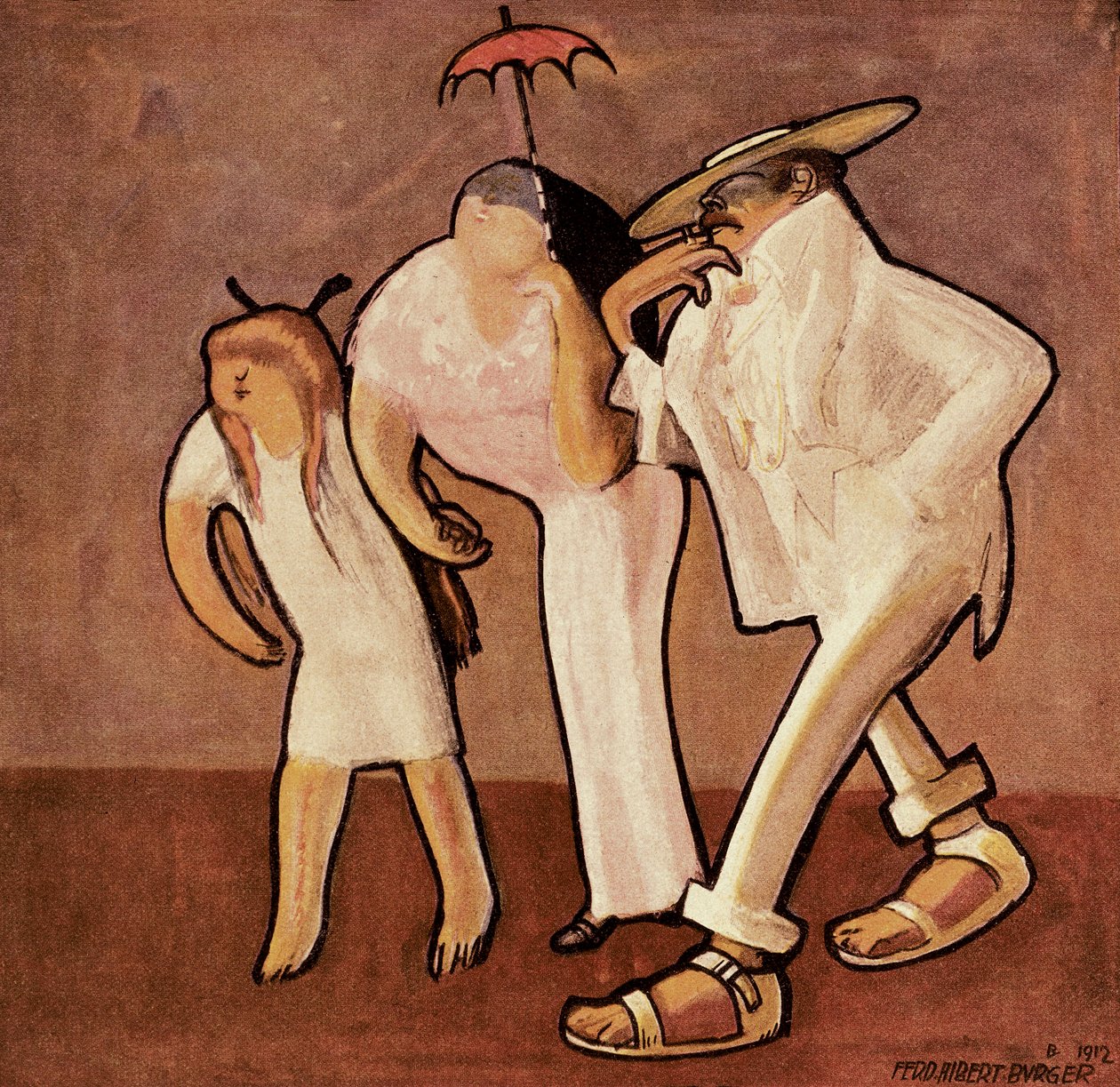 Amerikanske turister i Nice, karikatur af en amerikansk familie, udgivet i magasinet Jugend af Ferdinand Albert Burger