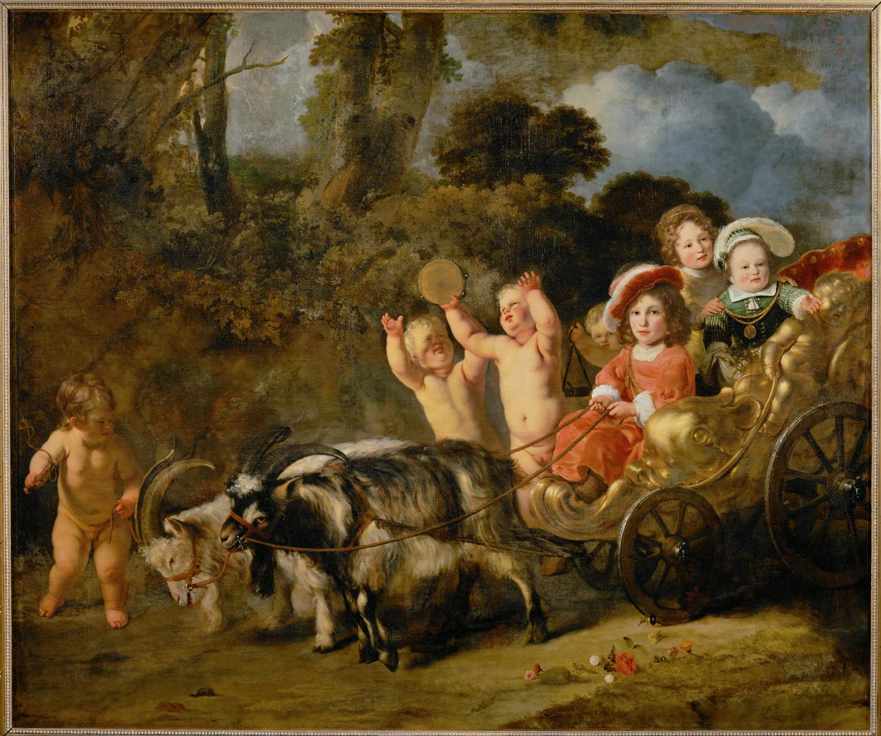 Aristokratiske børn i en vogn trukket af geder (maleri på lærred) af Ferdinand Bol