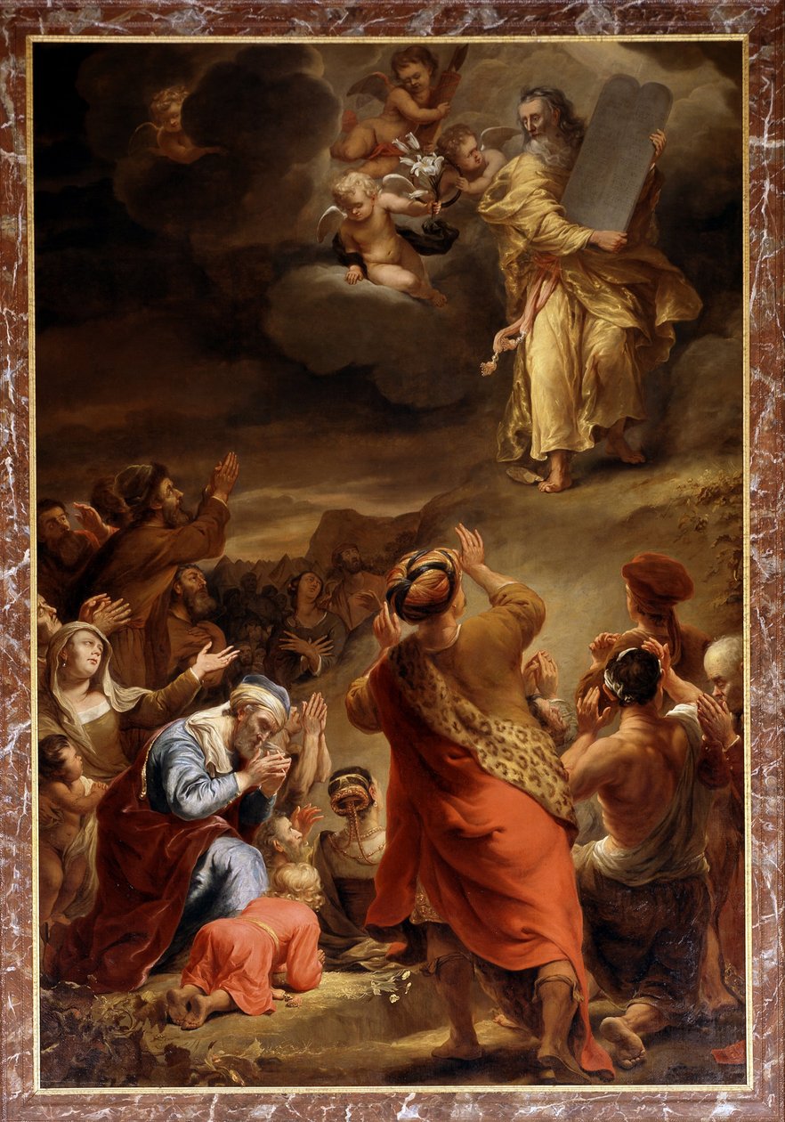 Moses stiger ned fra Sinai-bjerget med de ti bud af Ferdinand Bol