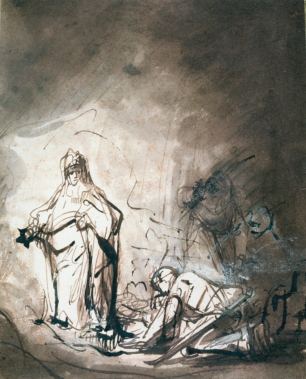 Saul og heksen fra Endor (pen og blækvask på papir) af Ferdinand Bol