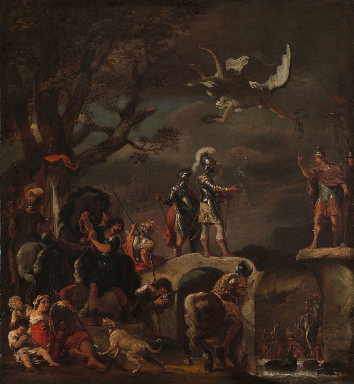 Fredsforhandlingerne mellem Claudius Civilis og Quintus Petillius Cerealis på den nedrevne bro. af Ferdinand Bol