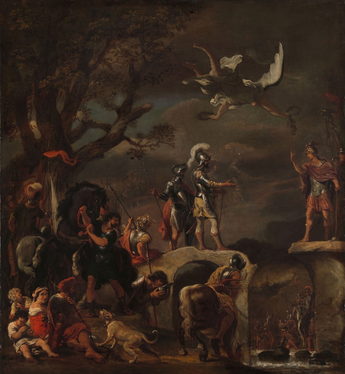 Fredsforhandlingerne mellem Claudius Civilis og Quintus Petillius Cerealis på den nedrevne bro, 1658-62 af Ferdinand Bol