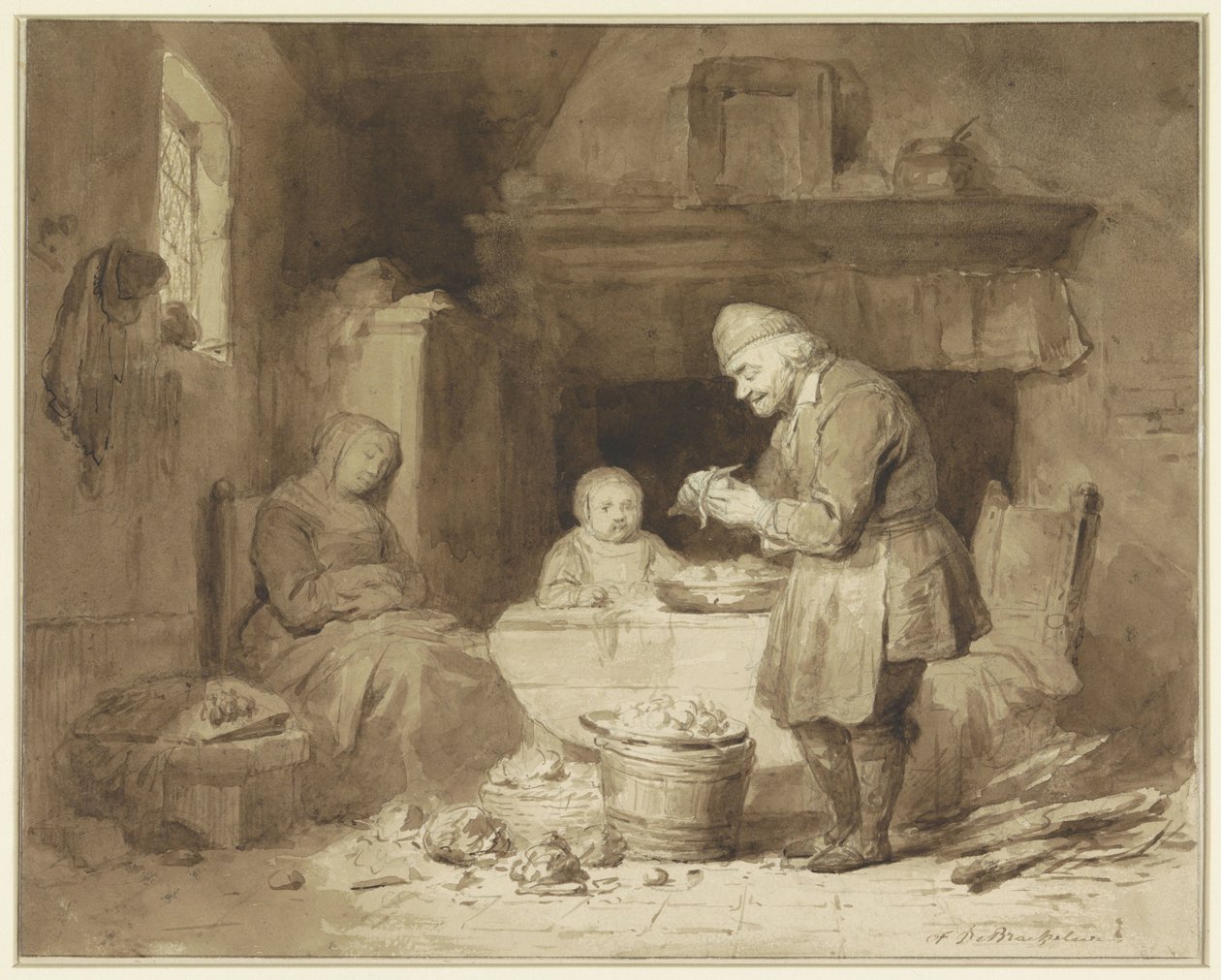 Mens en kvinde er faldet i søvn, skræller en gammel mand kartofler af Ferdinand De Braekeleer (I)
