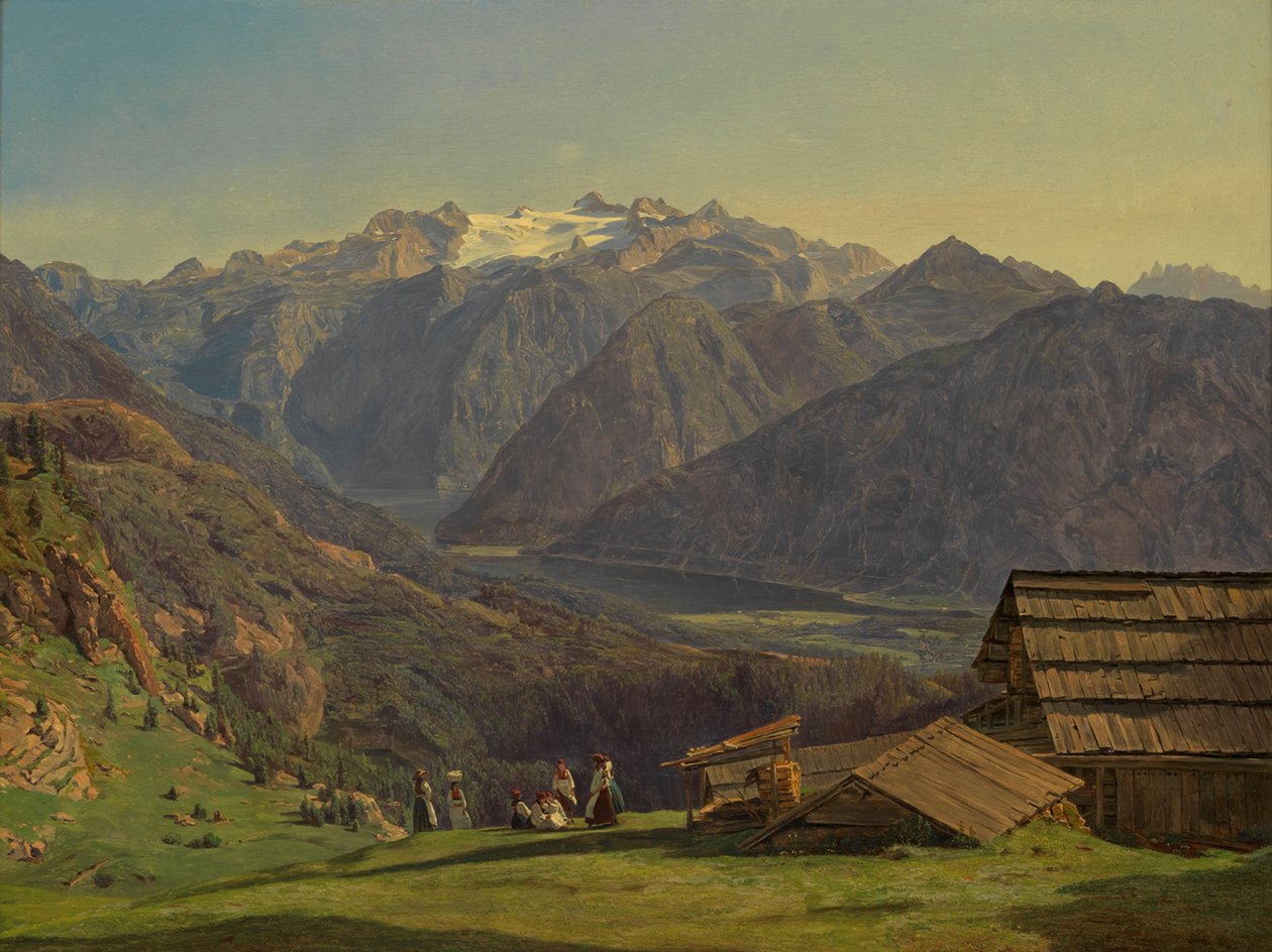 Udsigt over Dachstein med Hallstättersøen fra Hütteneckalpe ved Ischl af Ferdinand Georg Waldmüller