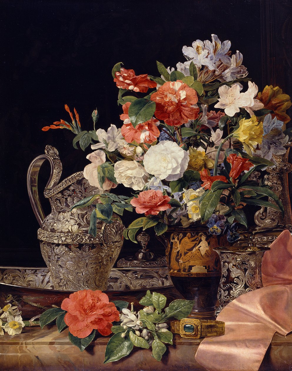 Blomsterbuket med sølvkar og antik vase af Ferdinand Georg Waldmüller
