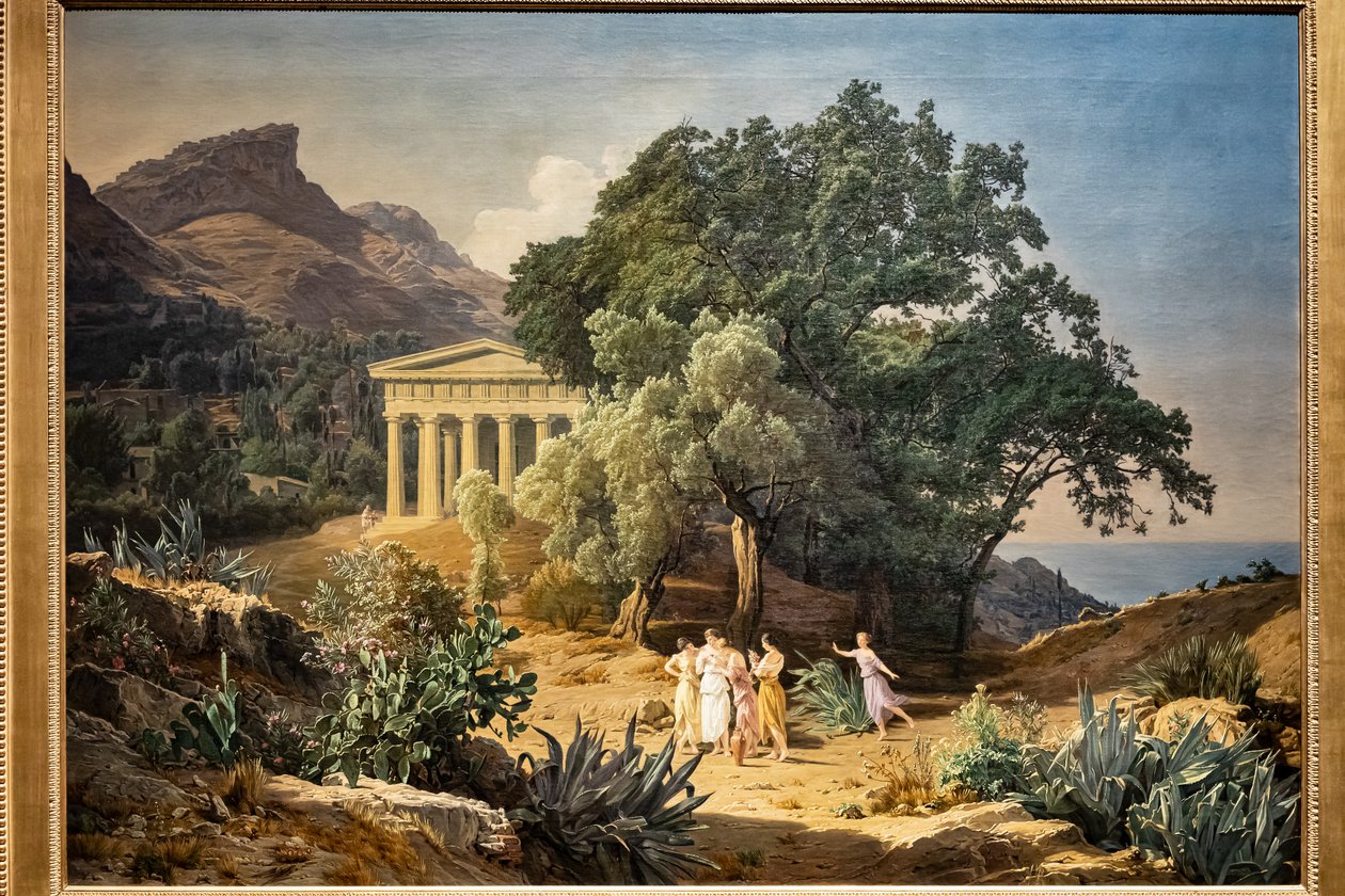 Et dorisk tempel med Castelmola og Taormina i baggrunden af Ferdinand Georg Waldmuller