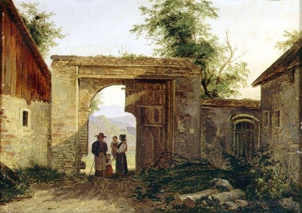 En gård med bønder ved en port af Ferdinand Georg Waldmuller