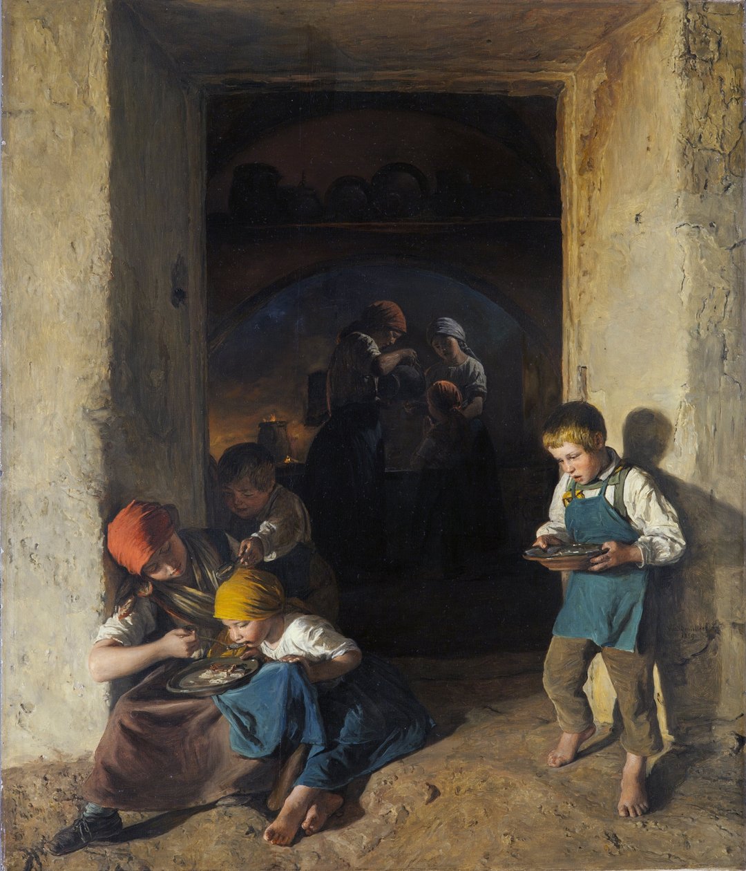 Børn, der modtager deres morgenmad af Ferdinand Georg Waldmuller
