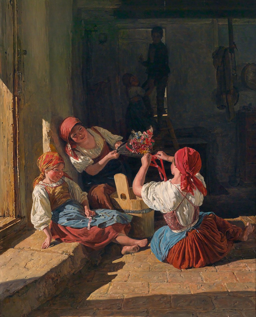Børn dekorerer en værnepligtig hat, 1854 af Ferdinand Georg Waldmuller