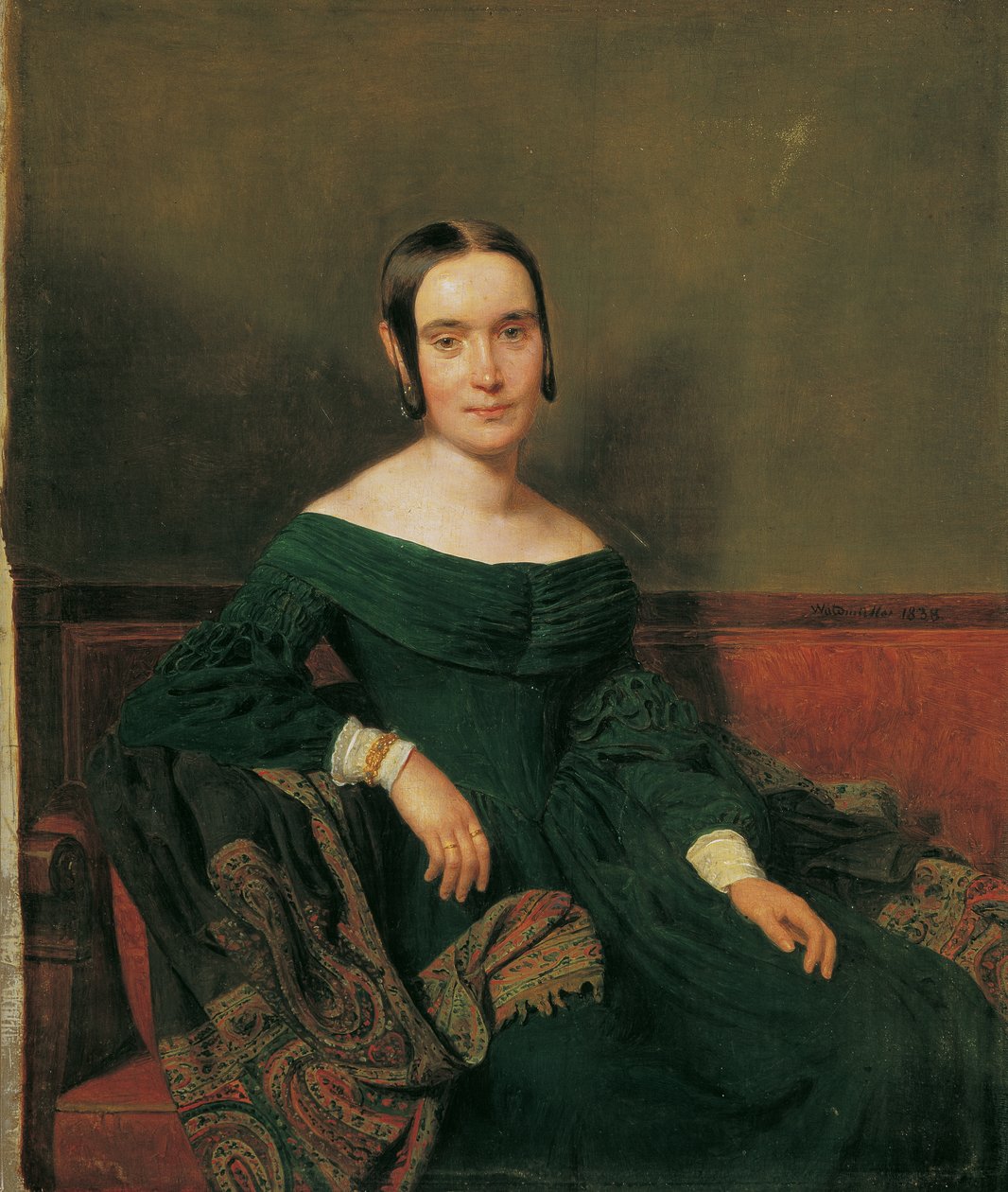 Dame i vermilion kjole af Ferdinand Georg Waldmuller