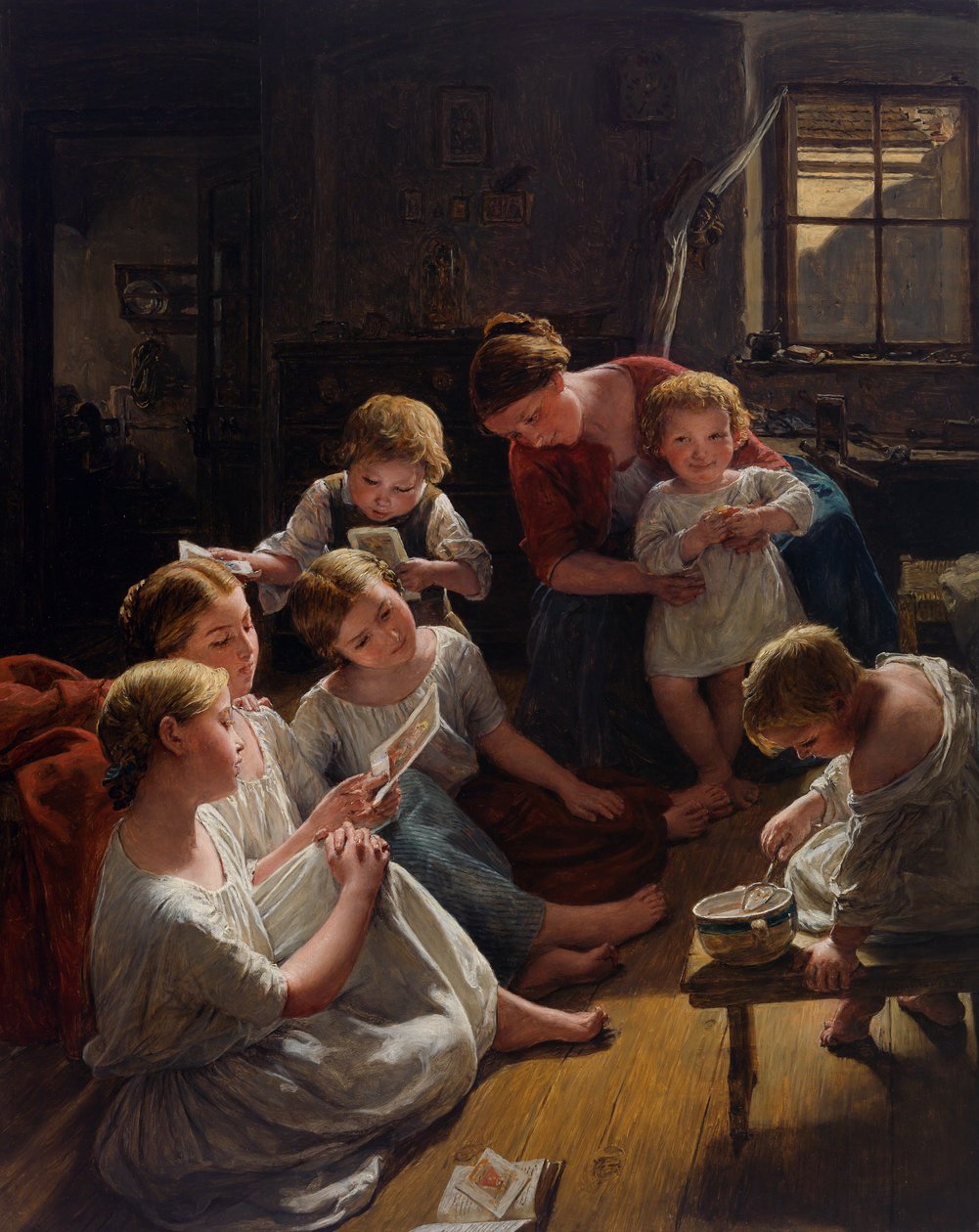 Des enfants, au matin, regardent des images - Børn om morgenen ser på billeder, af Waldmueller, Ferdinand Georg (1793-1865). Olie på træ af Ferdinand Georg Waldmuller