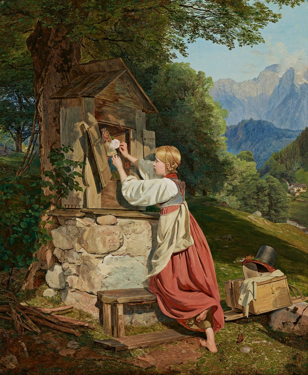 En pige dekorerer Guds Moder med en rose af Ferdinand Georg Waldmuller