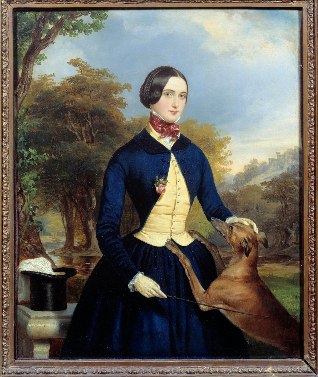 Portræt af en kvinde i en Amazonas med sin hund. Maleri af Ferdinand Waldmuller (1793-1865) Ec. Aut af Ferdinand Georg Waldmuller