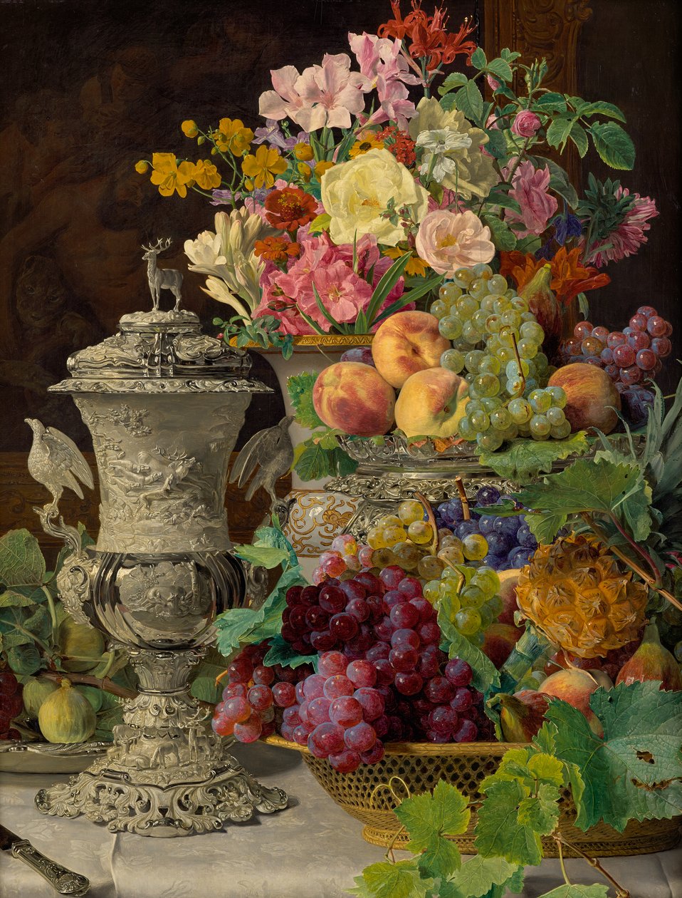 Stilleben med frugt, blomster og en sølvpokal af Ferdinand Georg Waldmuller
