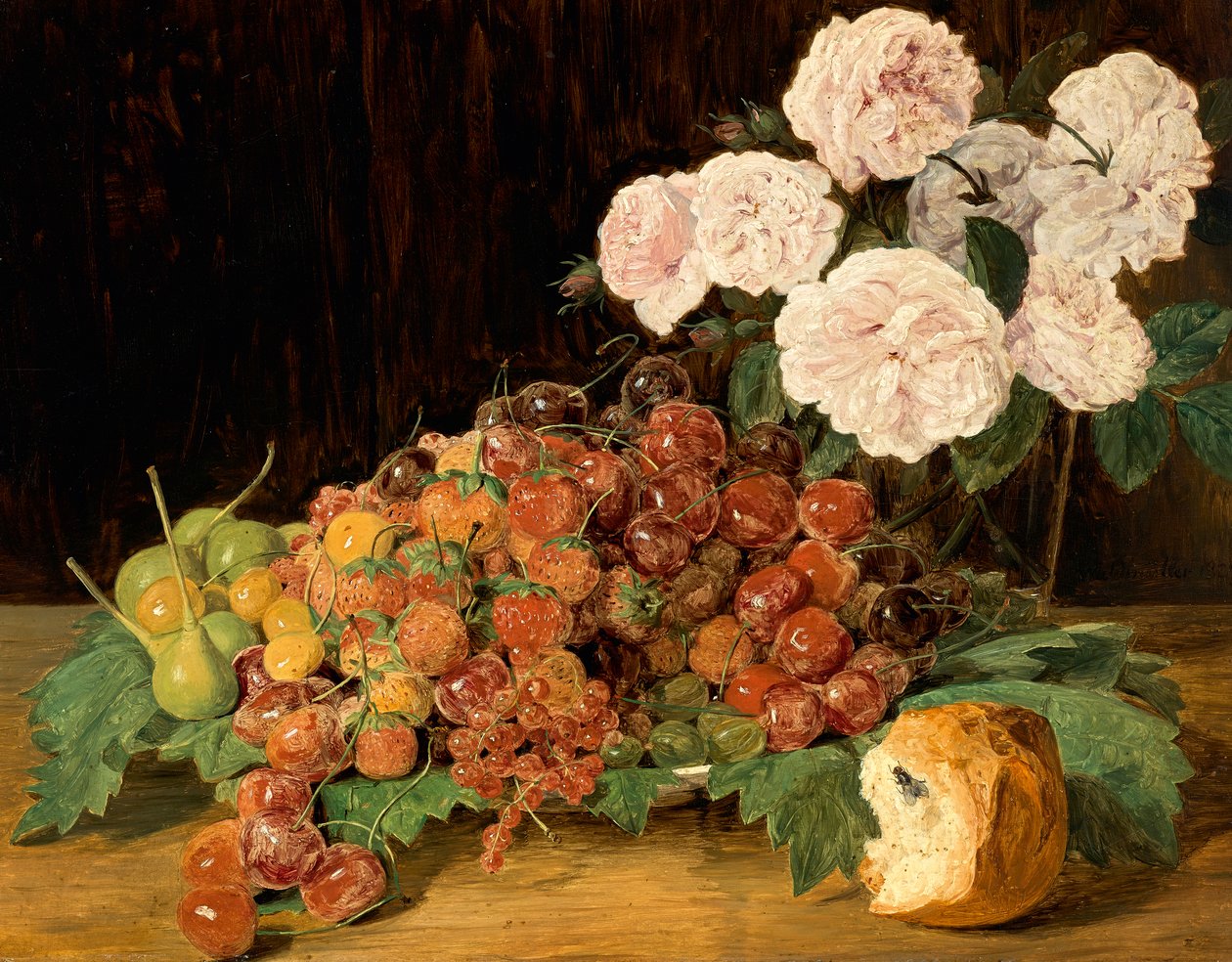 Stilleben med roser, jordbær og brød af Ferdinand Georg Waldmuller