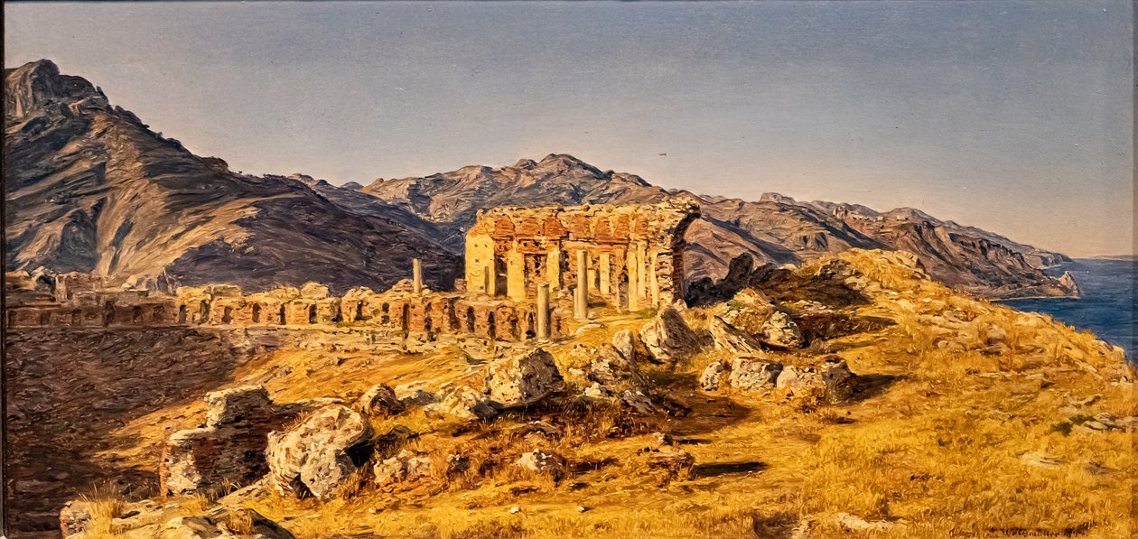 Ruinerne af det græske teater i Taormina, mod Messina-strædet af Ferdinand Georg Waldmuller