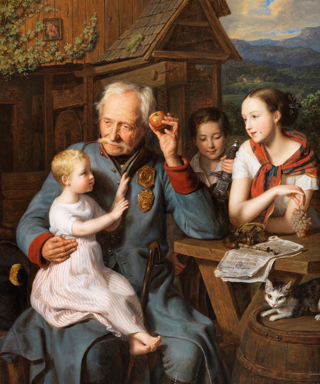 En gammel invalid med børn - En gammel invalid med børn, af Waldmueller, Ferdinand Georg (1793-1865). olie på træ af Ferdinand Georg Waldmuller