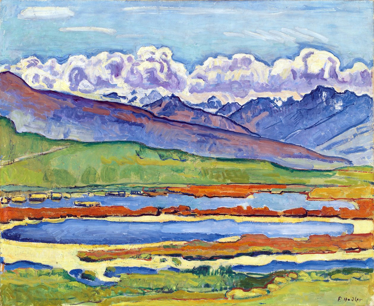 Dam i Crans Montana (Crans-Montana) (Schweiz). (Long Pond Crans Montana). Maleri af Ferdinand Hodler (1853-1918), olie på lærred af Ferdinand Hodler