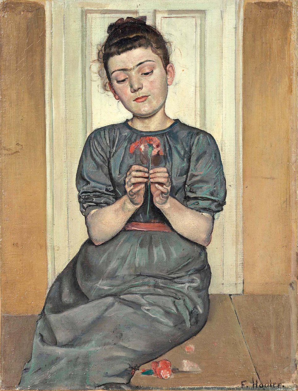 Pige arrangerer blomster Pige med nelliker, ca. 1886 af Ferdinand Hodler
