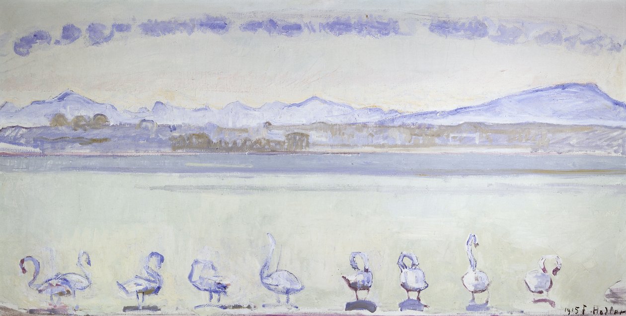 Ni svaner foran et bjergrigt landskab; Genèves havn, med ni svaner, fra Quai du Mont Blanc, 1915 af Ferdinand Hodler