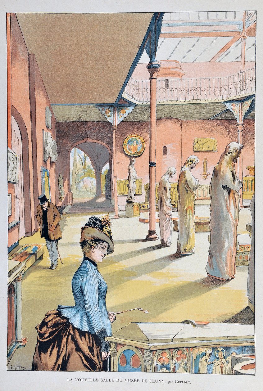 Det nye rum i middelaldermuseet i Cluny i Paris 1887, af Ferdinand Joseph GUELDRY (1858-1945) Indgravering fra 1887 i "Paris-Illustrous journal weekly" af Ferdinand Joseph Gueldry