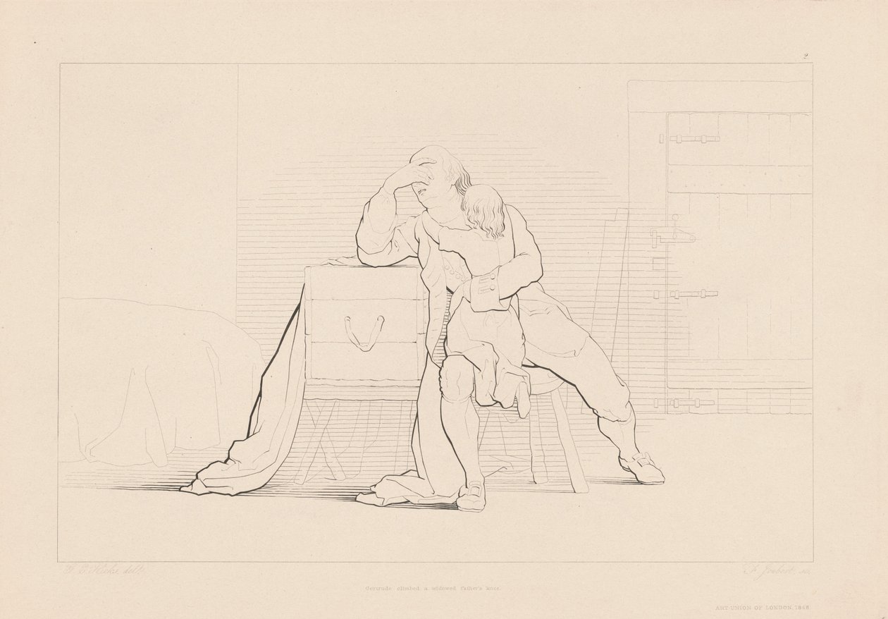 Gertrude klatrede på en enkefars knæ af Ferdinand Joubert, after George Elgar Hicks