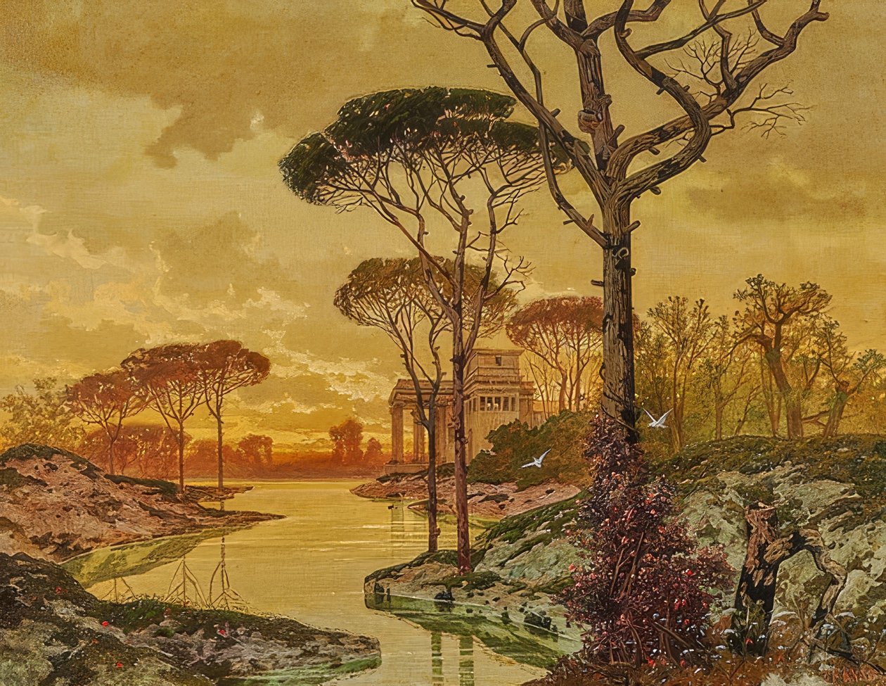 Aftenlandskab ved floden med en antik villa. 1901 af Ferdinand Knab