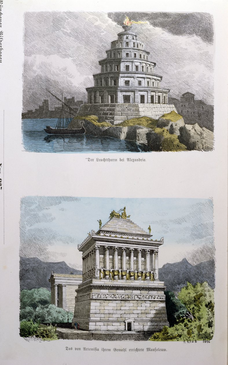 Det store fyrtårn i Alexandria og mausoleet ved Halicarnassus, fra en serie af 