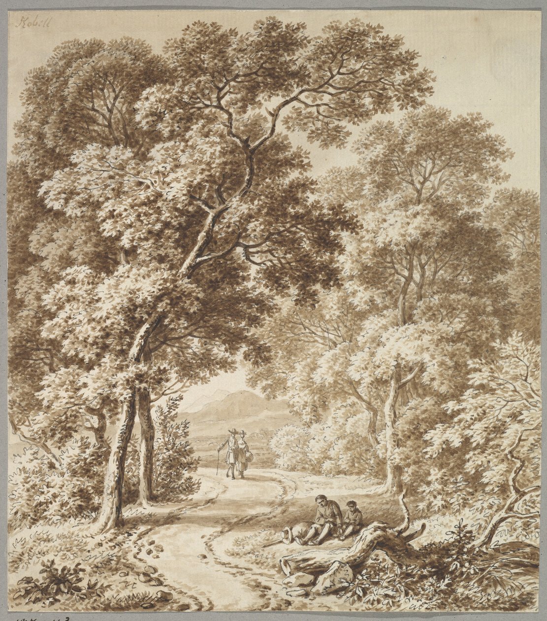En sti kantet af træer med to tiggere og et spadserende par af Ferdinand Kobell