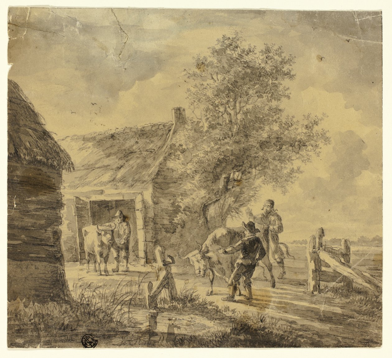 Gård med mænd og køer af Ferdinand Kobell