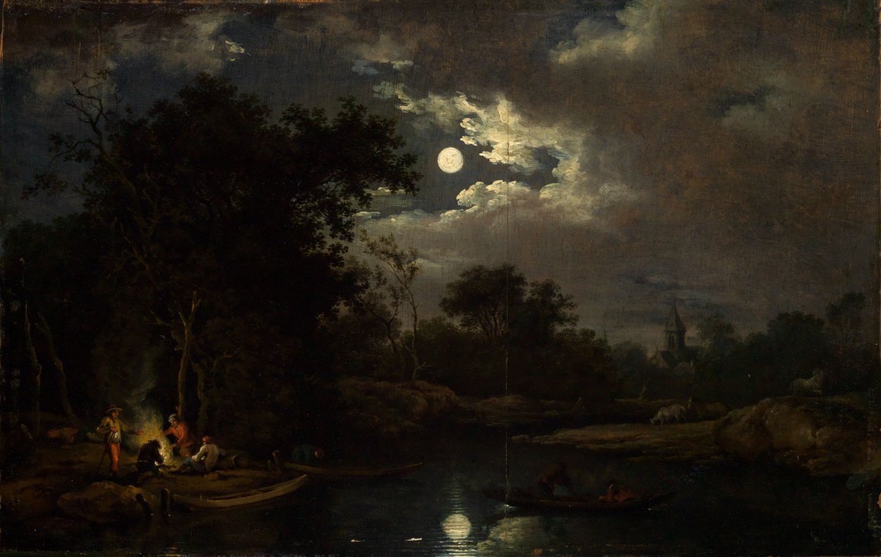 Månebelyst landskab med fiskere ved et lejrbål af Ferdinand Kobell