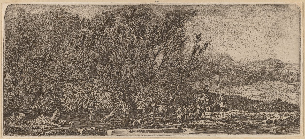 Hyrder med deres flok, der springer en strøm af Ferdinand Kobell