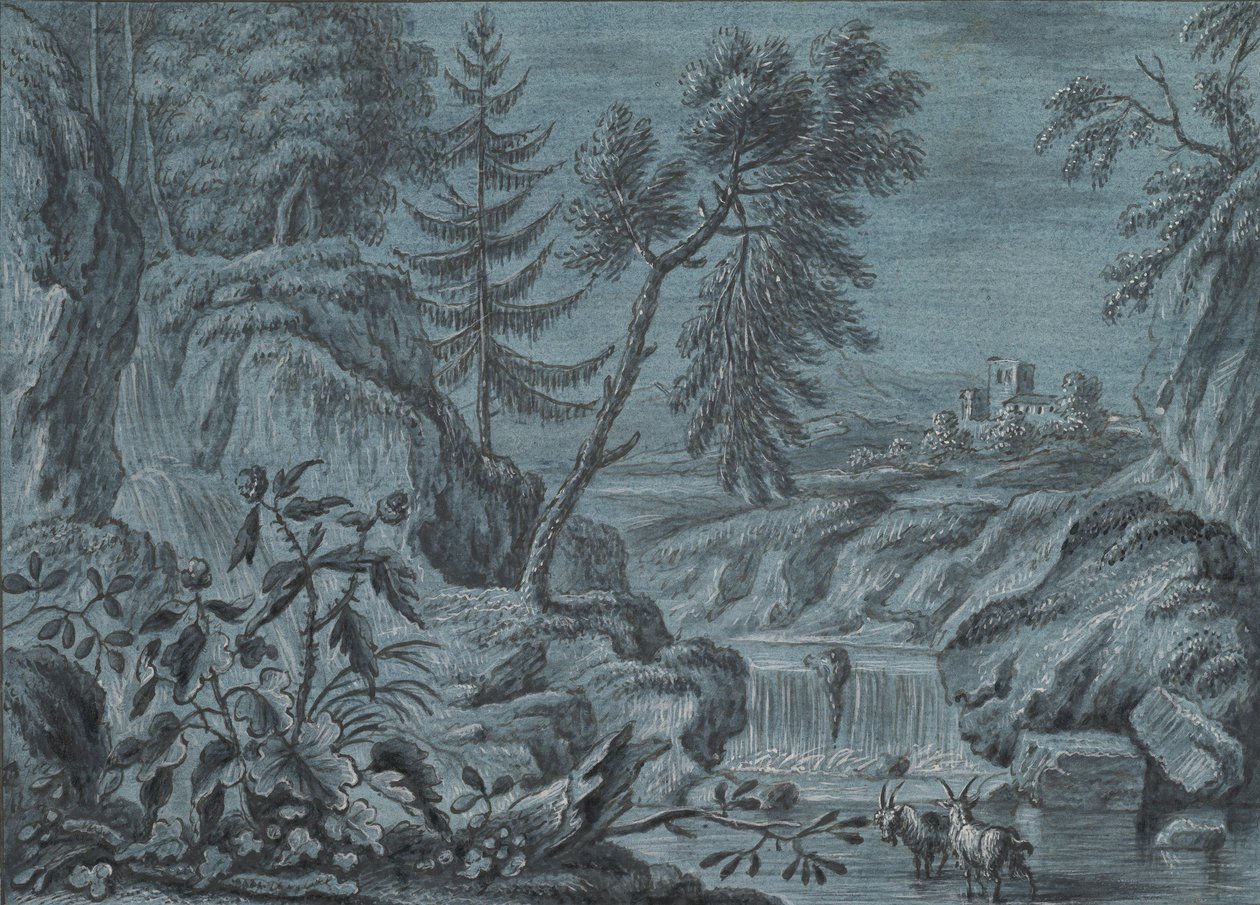 Sydligt landskab med vandfald og geder, slutningen af 1700-tallet. af Ferdinand Kobell.