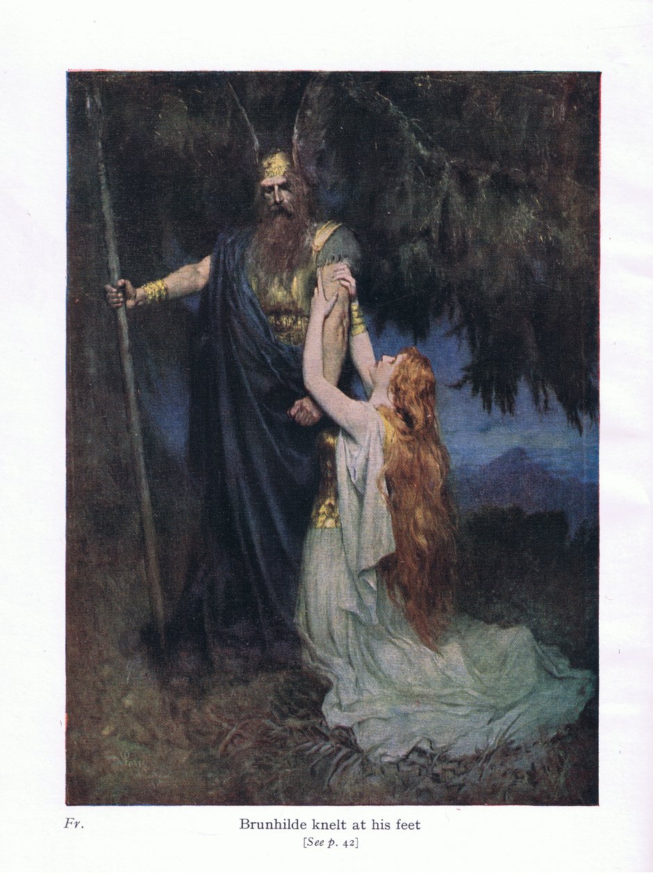 Brunhilde knælede ved hans fødder, illustration fra The Stories of Wagner