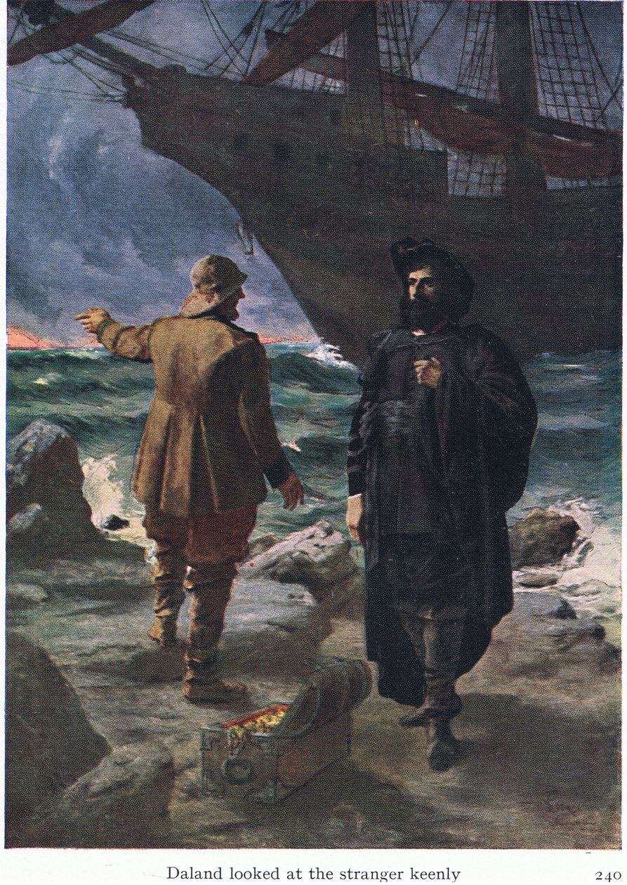 Daland så skarpt på den fremmede, illustration fra The Stories of Wagners Operas værtshus. af George Harrap & Co Ltd 1932 af Ferdinand Lecke