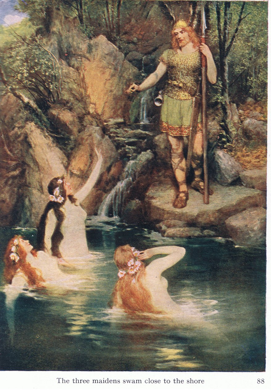 De tre jomfruer svømmede tæt på kysten, illustration fra The Stories of Wagners Operas udgivet af George Harrap & Co Ltd. 1932 af Ferdinand Lecke
