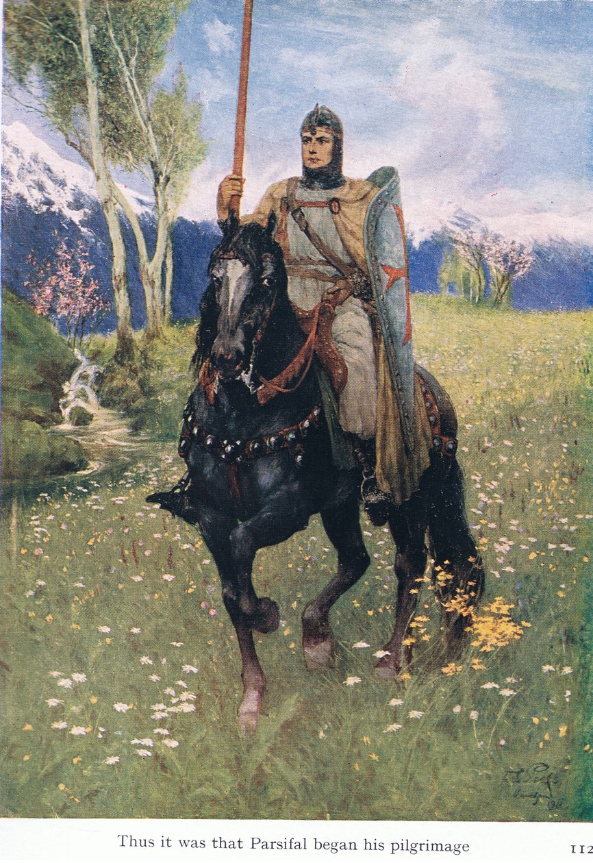 Således var det med Parsifal begyndte hans pilgrimsrejse, illustration fra The Stories of Wagners Operas pub. af George Harrap & Co Ltd 1932 af Ferdinand Lecke