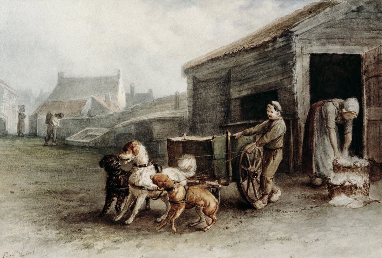 En hundevogn, Holland, ca.1890 (wc på papir) af Ferdinand Lintz