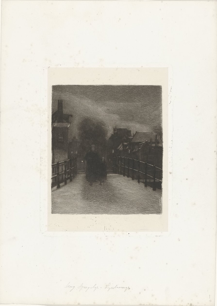 Gammel kvinde med barn på en bro Vinteraften (titel på objekt) af Ferdinand Oldewelt (signed by artist)
