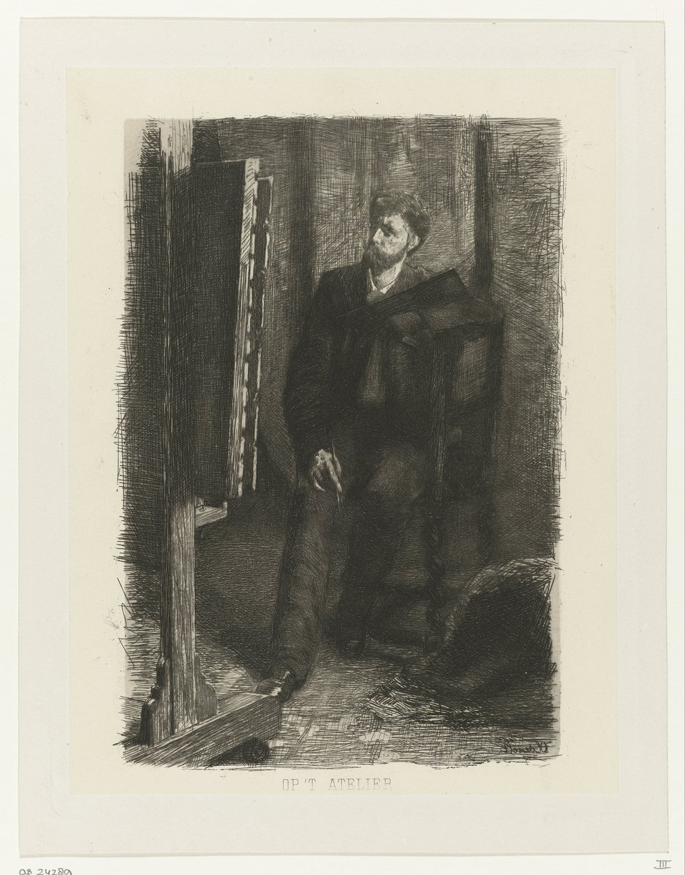 Portræt af en kunstner, der står bag staffeliet I studiet (titel på objekt) af Ferdinand Oldewelt