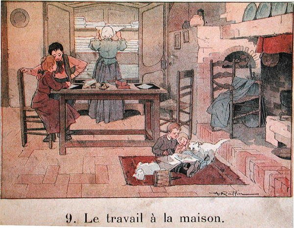 En aftens arbejde på landet, illustration til en skolebog, ca. 1900 (farve litho) af Ferdinand Raffin