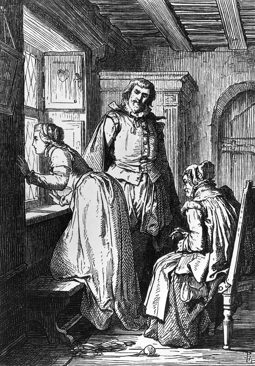 Klaerchen venter på Egmont, illustration til Egmont, tragedie af Johann Wolfgang von Goethe (1749-1832), træsnit efter tegning af Ferdinand Rothbart (1823-1899) af Ferdinand Rothbart