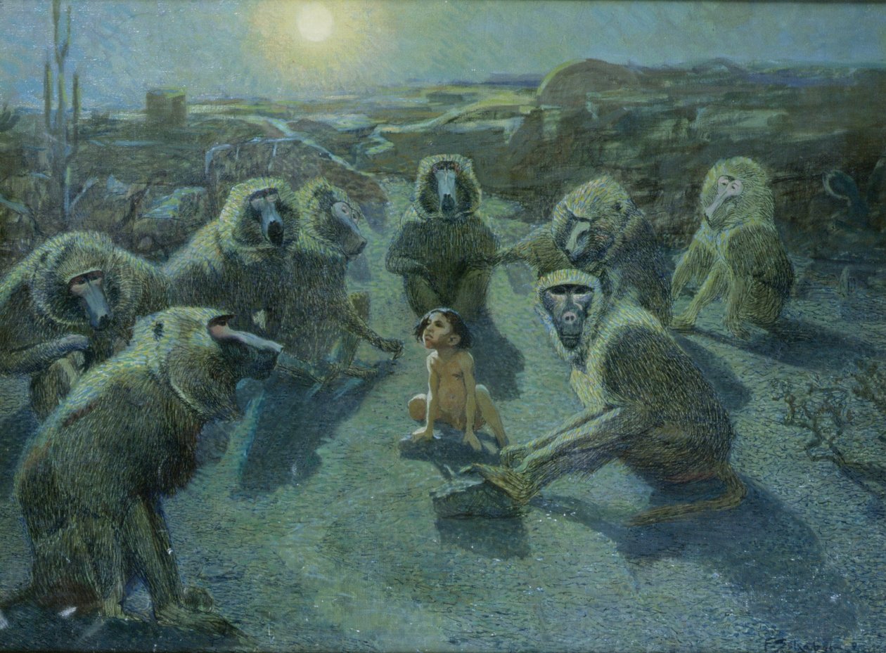 Mowgli fanget af aber (olie og blæk på lærred) af Ferdinand Schebek