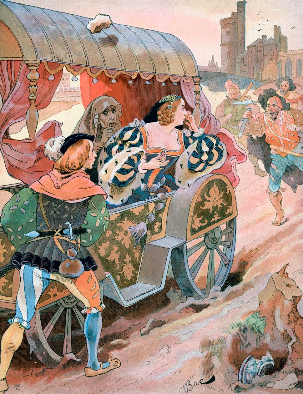 Angreb på en vogn, Quai de Nesles, Reign of Francis I, 1500-tallet, c1870-1950. af Ferdinand Sigismund Bac