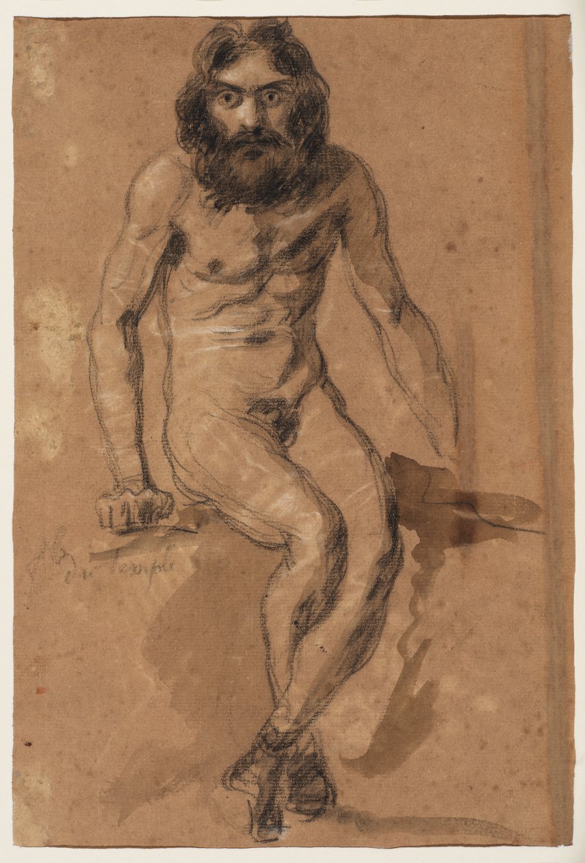 Løbende heste (recto); Nøgen, skægget mand, siddende (verso), ca. 1800-1899 (sort og hvidt kridt (recto), sort og hvidt kridt og brun lakering (verso), på brunt, præpareret papir) af Ferdinand Victor Eugene (after) Delacroix