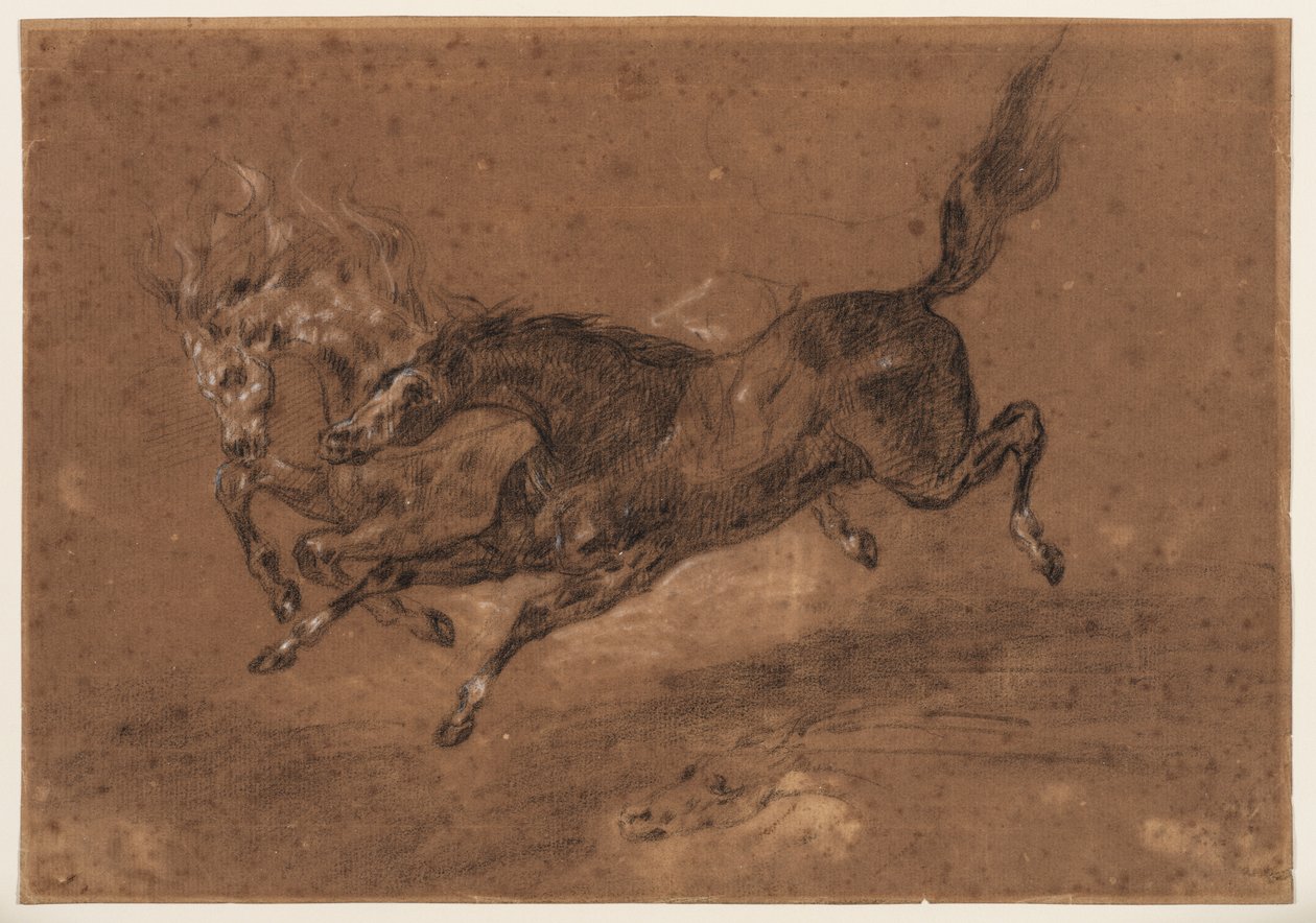 Løbende heste (recto); Nøgen, skægget mand, siddende (verso), ca. 1800-1899 (sort og hvidt kridt (recto), sort og hvidt kridt og brun lakering (verso), på brunt, præpareret papir) af Ferdinand Victor Eugene (follower of) Delacroix